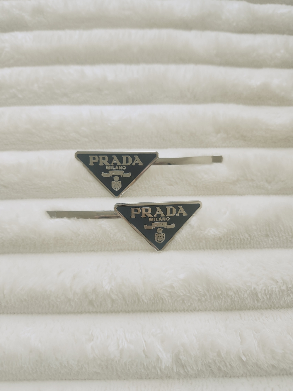 Silver Triangle Enamel Logo Bobby Pin Set Black Hair Clips